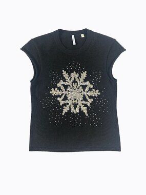 IISLI Black Cashmere Sweater Vest XS Y2K Vintage Sequin Snowflake Crystal Studs